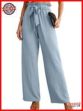 Women High Waist Palazzo Pants Adjustable Knot Ankle Wide Leg Trousers Pockets